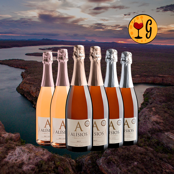 Kit 6 Espumantes Brasileiros Alísios - 2 Brut + 2 Rosé Brut + 2 Moscatel por R$44,90 cada garrafa - Oferta