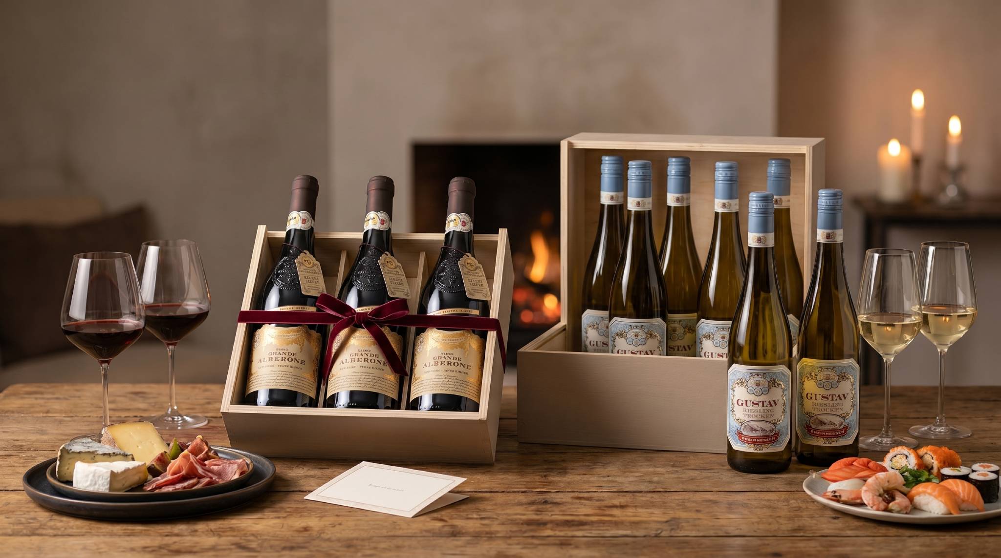 Kits de vinhos para presente, jantar e inverno com tintos italianos e brancos Riesling em mesa gourmet