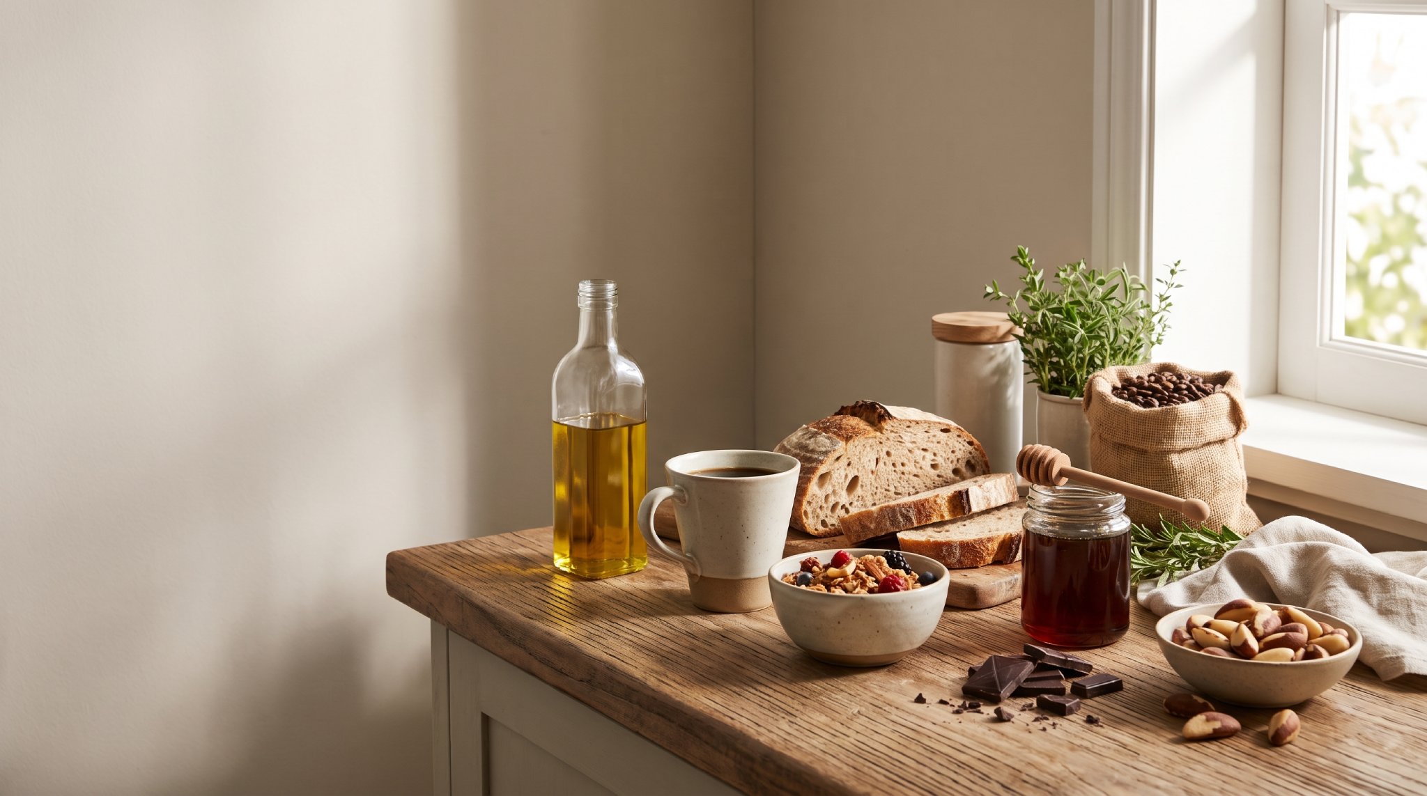 Mesa com pães, azeite, café, mel, granola e castanhas para uma curadoria de alimentos melhore
