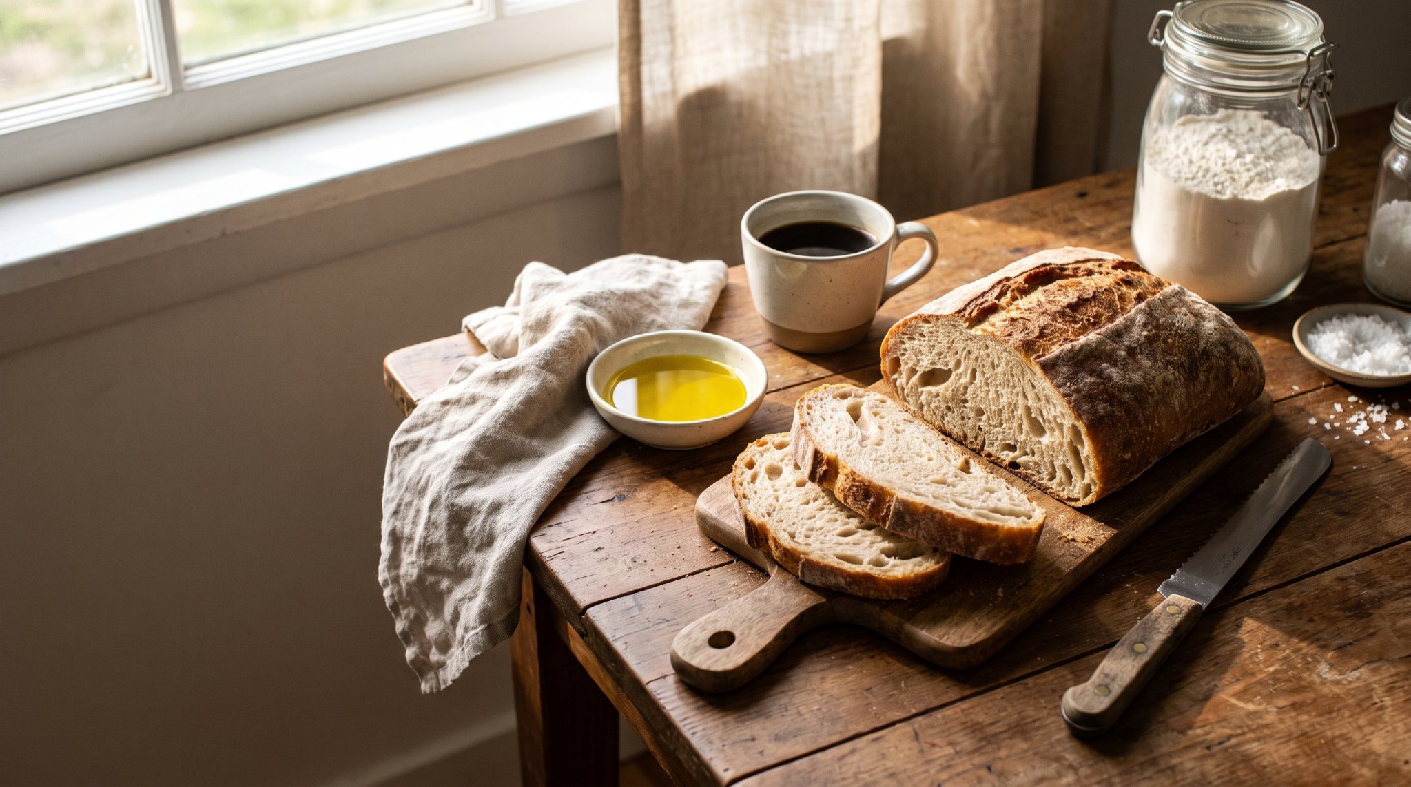 Pães de fermentação natural fatiados sobre mesa de cozinha com café e azeite